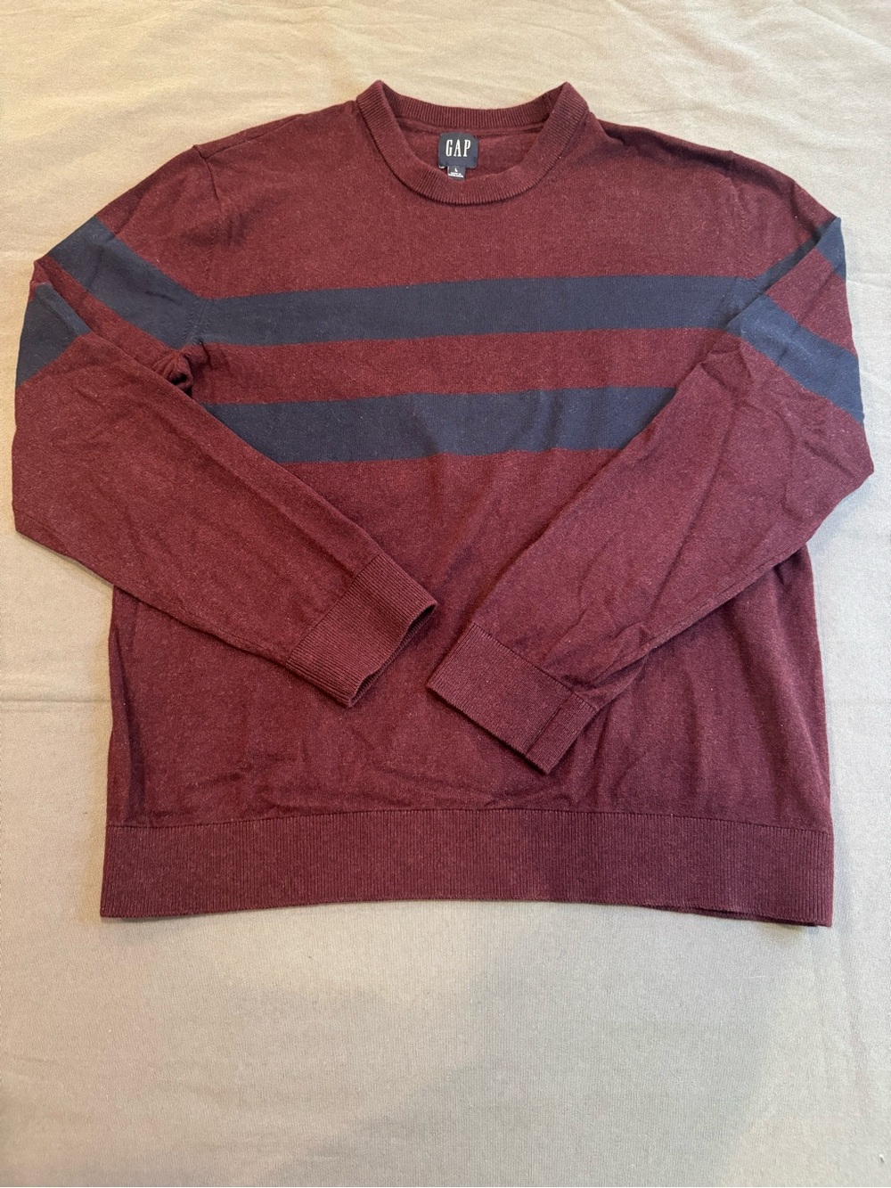 GAP Men's 100% Cotton Crew Neck Sweater | Burgundy & Navy Blue Striped | Large